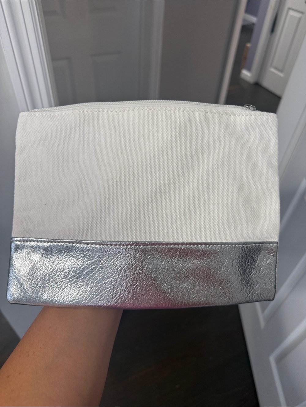 White Canvas Cosmetic Pouch with Silver Trim